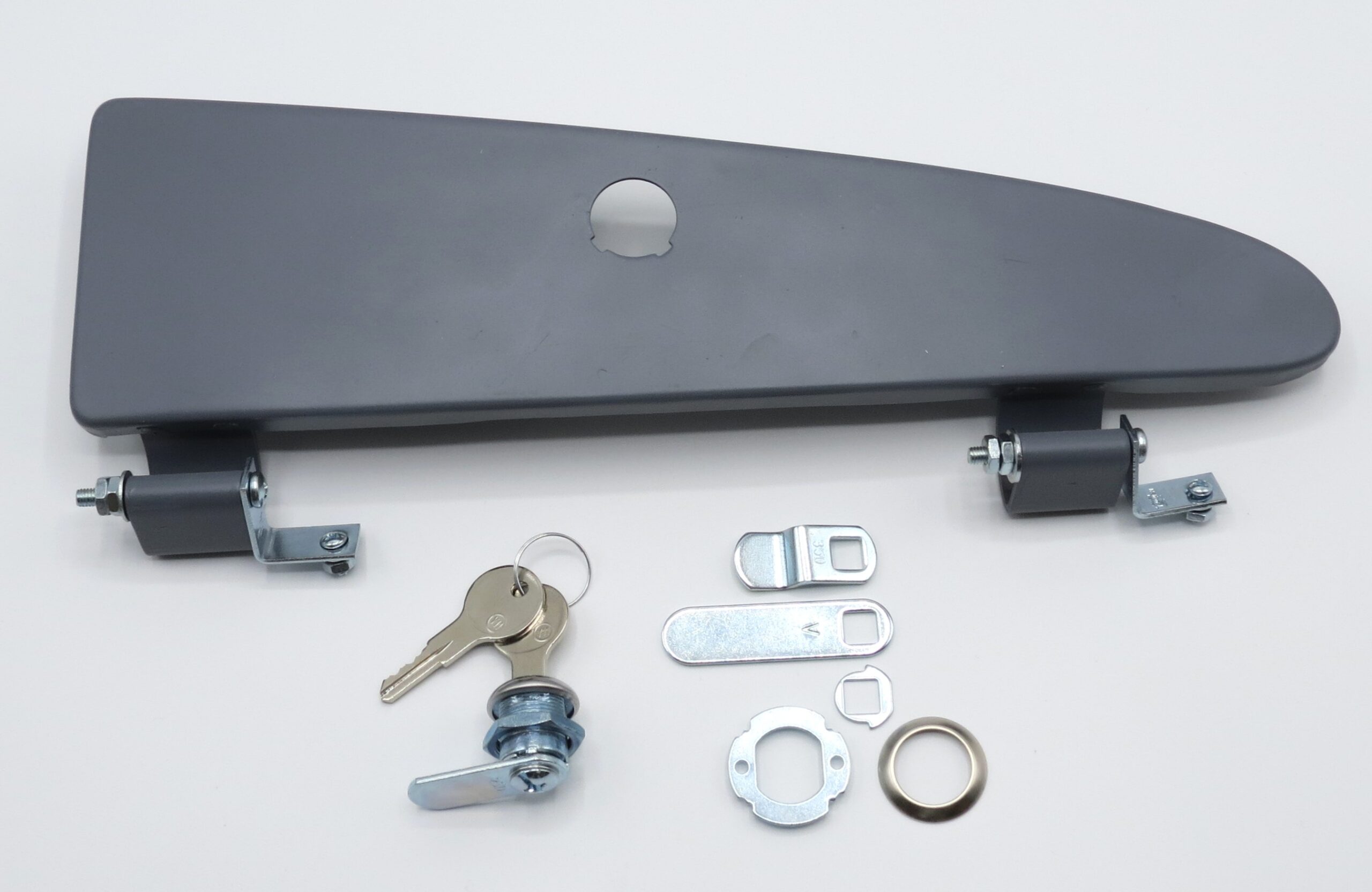 Glove box door with hardware