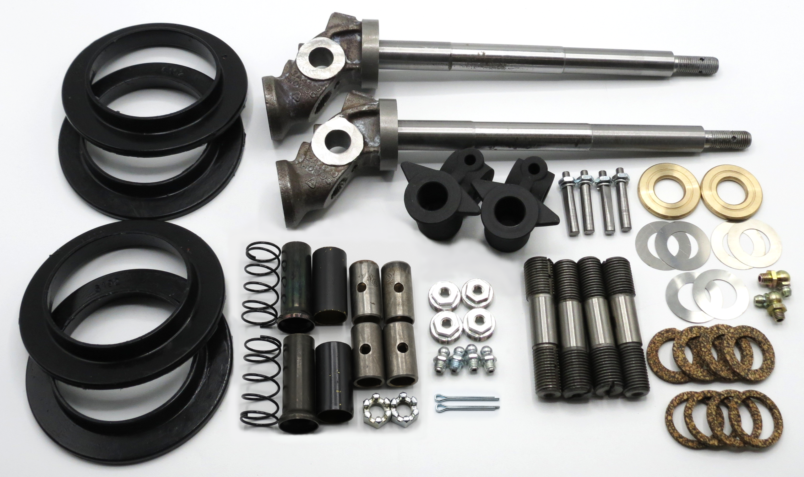front susp kit... Assorted mechanical hardware parts on a white background, including shafts, seals, springs, bolts, and washers.