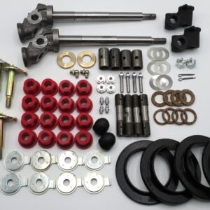 Assorted mechanical hardware laid out on a white surface: bolts, bushings, washers, nuts, and seals arranged in rows and clusters.