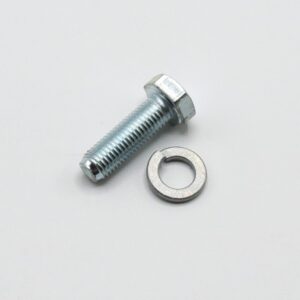 Metal hex bolt with a nut and a separate flat washer on a white background.